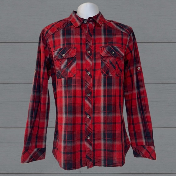 Rock & Republic Red Plaid Stretch Long Sleeve Button Down, Men’s Size -Large - Picture 3 of 11